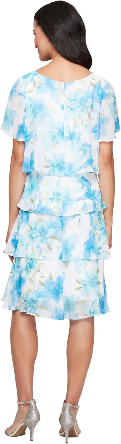 S.L. Fashions Women's Short Sleeve Floral Tiered Chiffon Cocktail Spring/Summer, Wedding Guest Dress
