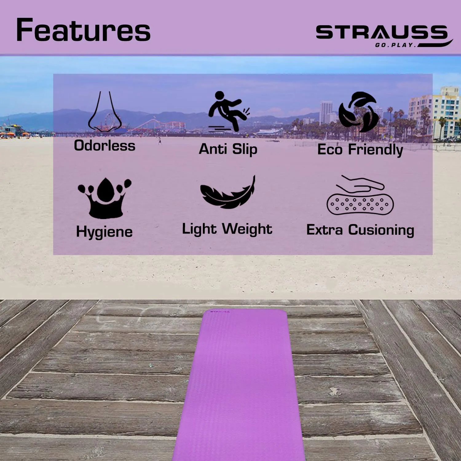 Strauss Lightweight Eco Friendly Yoga Mat 6 mm (Purple), Yoga Block (Purple) Pair and Yoga Belt (Blue)