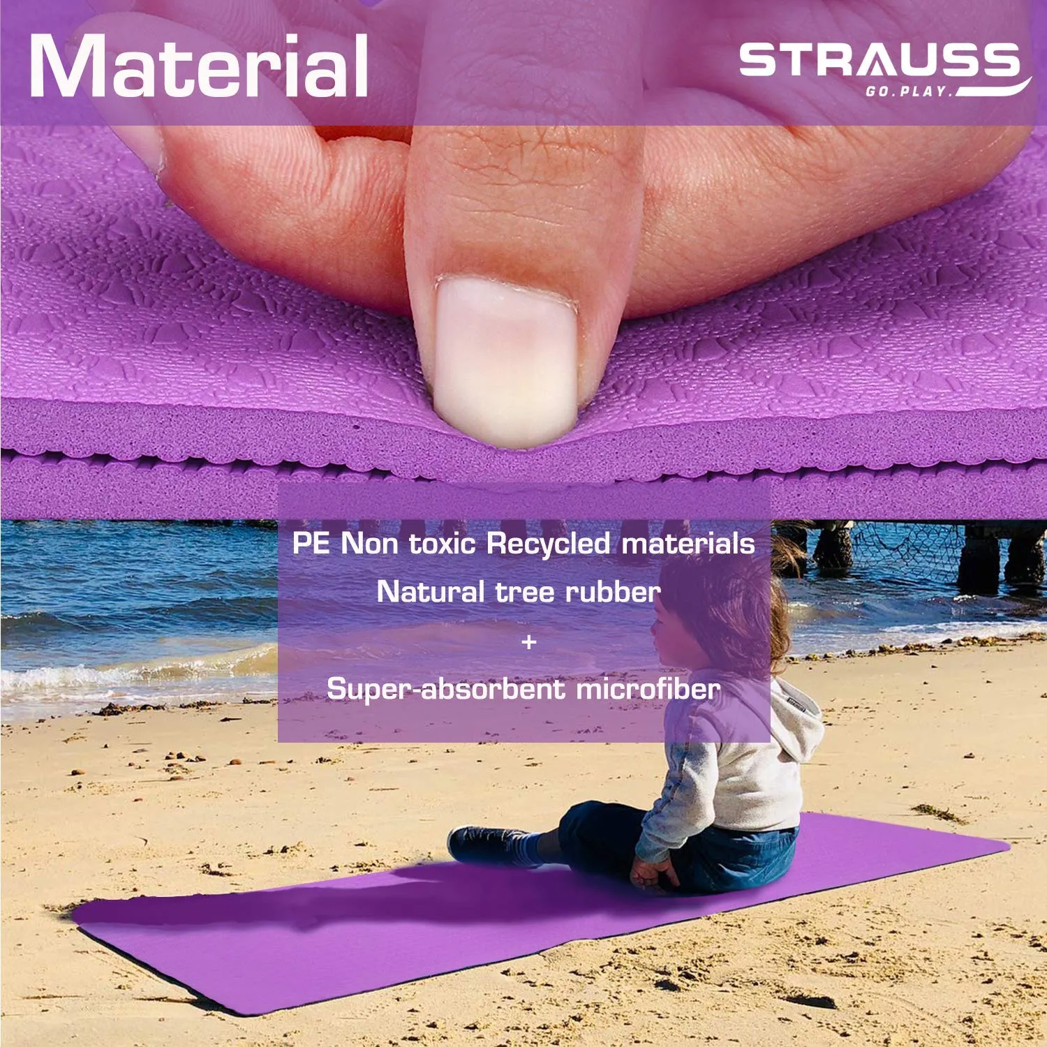 Strauss Lightweight Eco Friendly Yoga Mat 6 mm (Purple), Yoga Block (Purple) Pair and Yoga Belt (Blue)