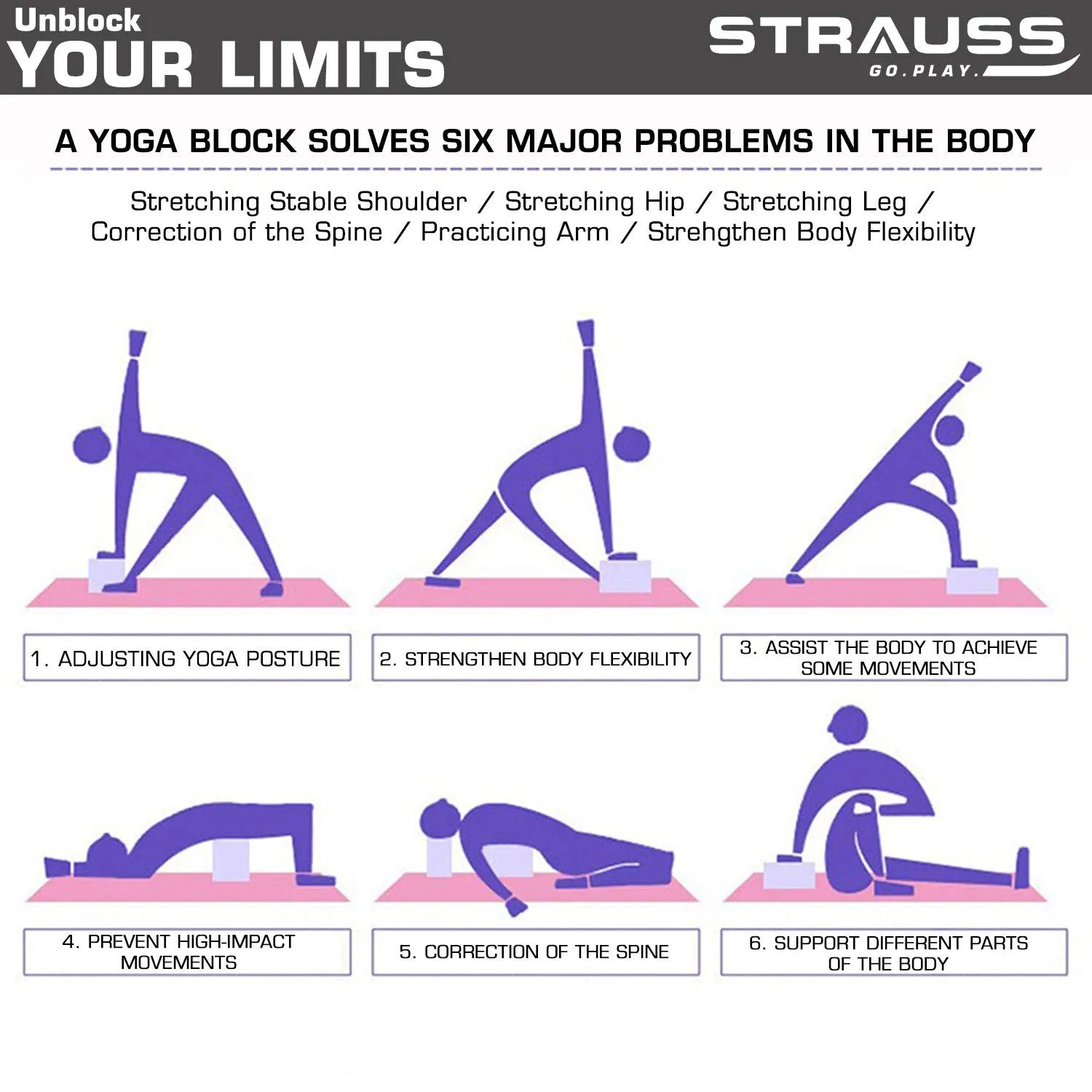 Strauss Lightweight Eco Friendly Yoga Mat 6 mm (Purple), Yoga Block (Purple) Pair and Yoga Belt (Blue)
