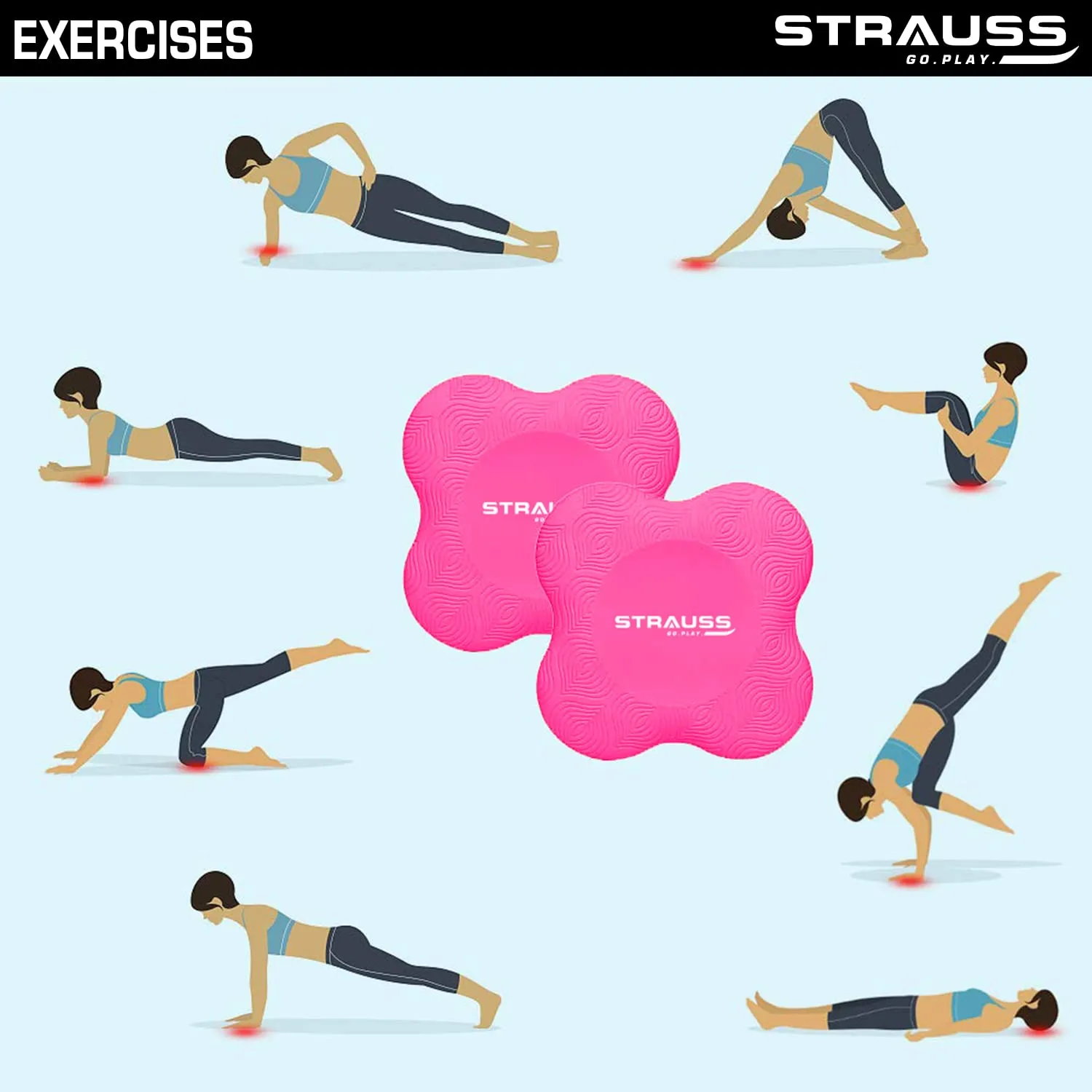 Strauss Yoga Knee & Elbow Cushion Pad | Support for Knees,Hands,Wrists,Elbows | Ideal For Planks,Push-ups,Yoga,Meditation,Pilates & Workout| Padding for Joint Protection and Stability |Set of 2,(Pink)
