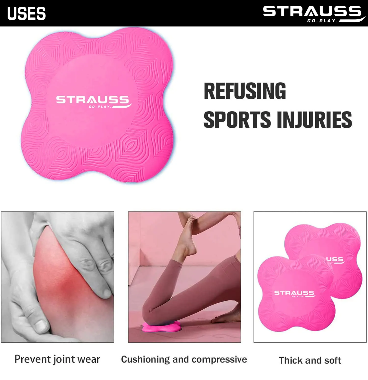 Strauss Yoga Knee & Elbow Cushion Pad | Support for Knees,Hands,Wrists,Elbows | Ideal For Planks,Push-ups,Yoga,Meditation,Pilates & Workout| Padding for Joint Protection and Stability |Set of 2,(Pink)