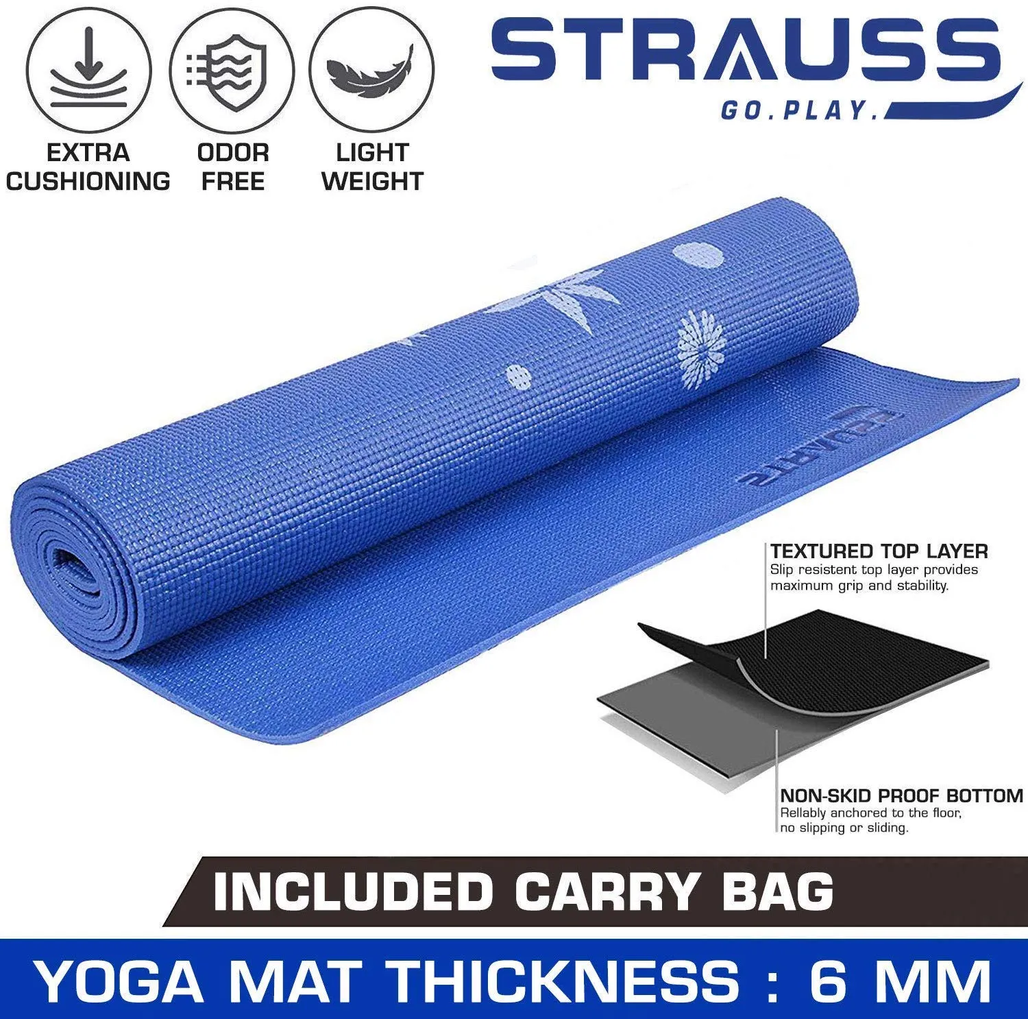 Strauss Yoga Mat 6MM,(Floral Blue), Yoga Block (Purple), Pair, Anti-Microbial Sports Cooling Towel(Blue) and Yoga Belt, 8 Feet, (Blue)
