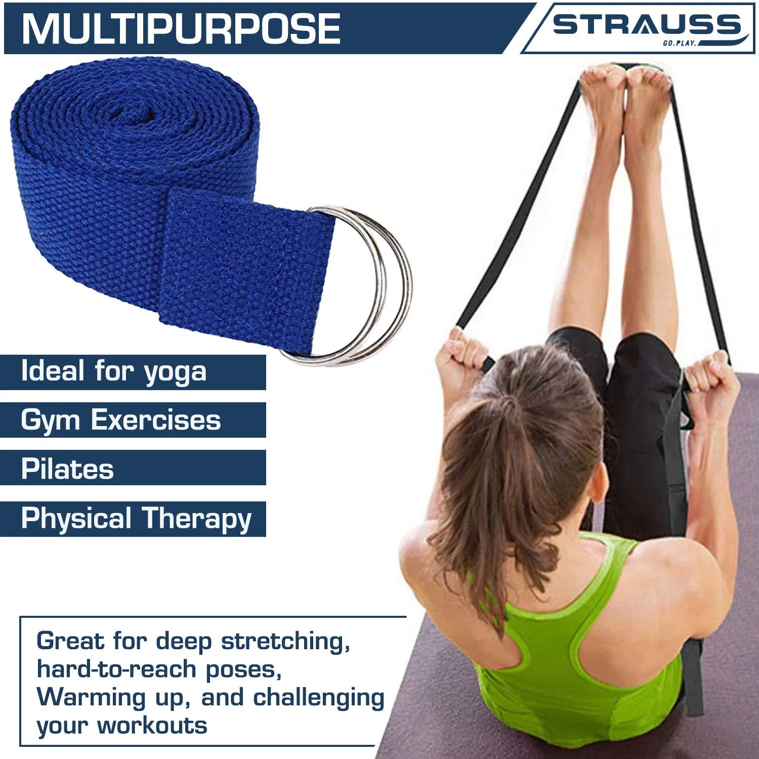 Strauss Yoga Mat 6MM,(Floral Blue), Yoga Block (Purple), Pair, Anti-Microbial Sports Cooling Towel(Blue) and Yoga Belt, 8 Feet, (Blue)