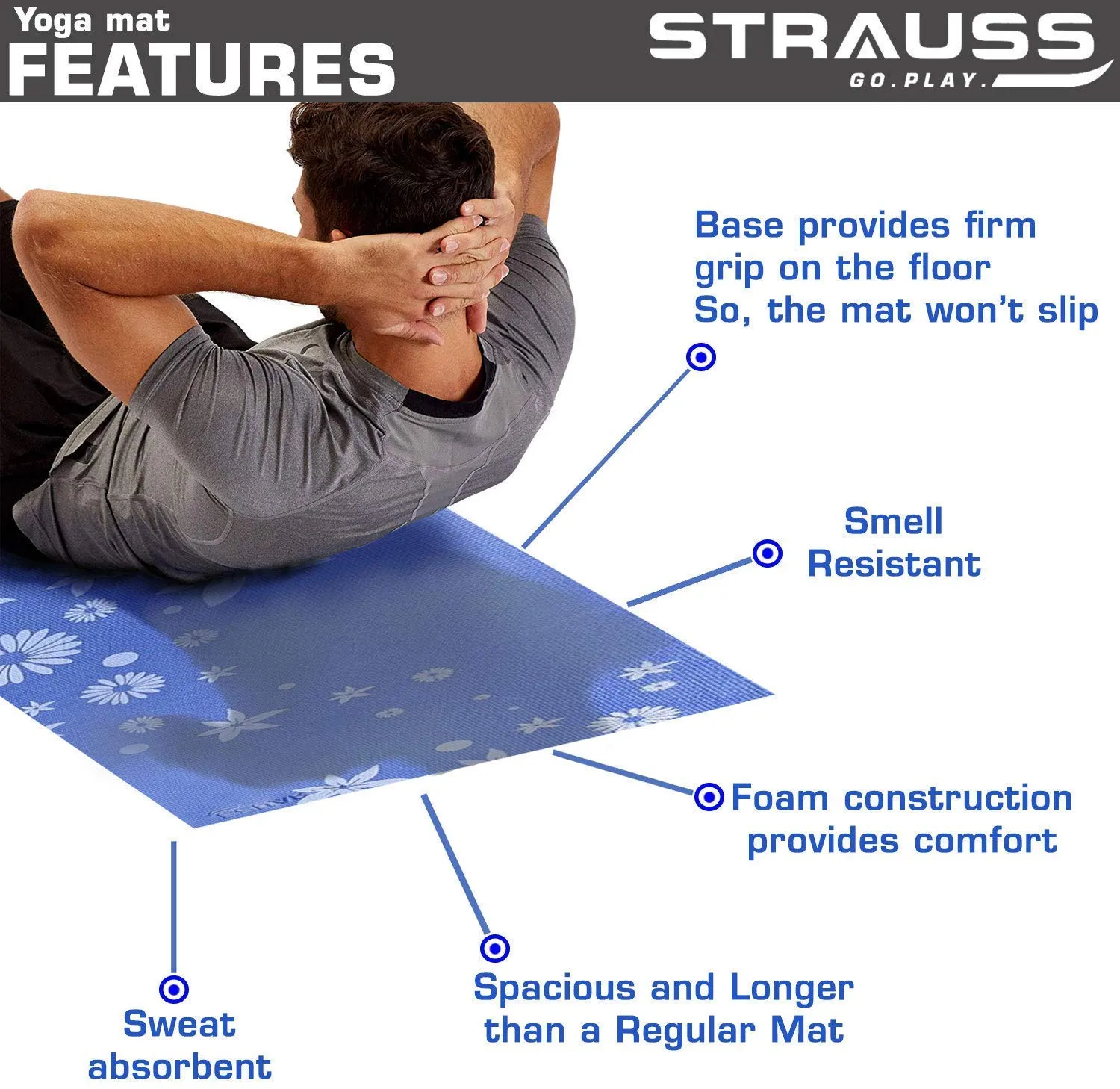 Strauss Yoga Mat 6MM,(Floral Blue), Yoga Block (Purple), Pair, Anti-Microbial Sports Cooling Towel(Blue) and Yoga Belt, 8 Feet, (Blue)