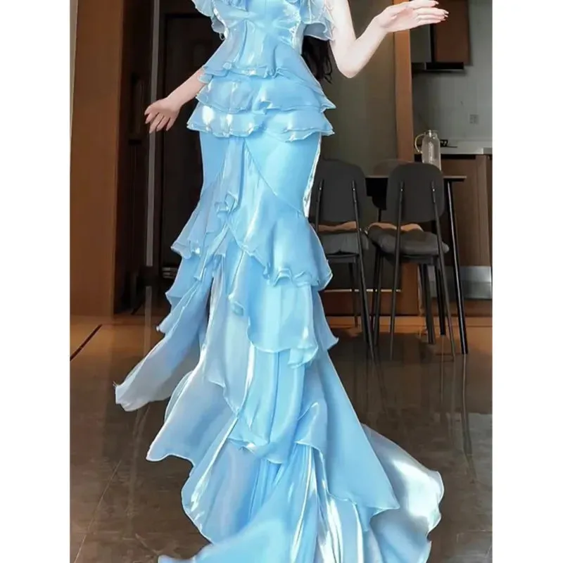 TAVIMART  -  Elegant blue strapless fishtail dress