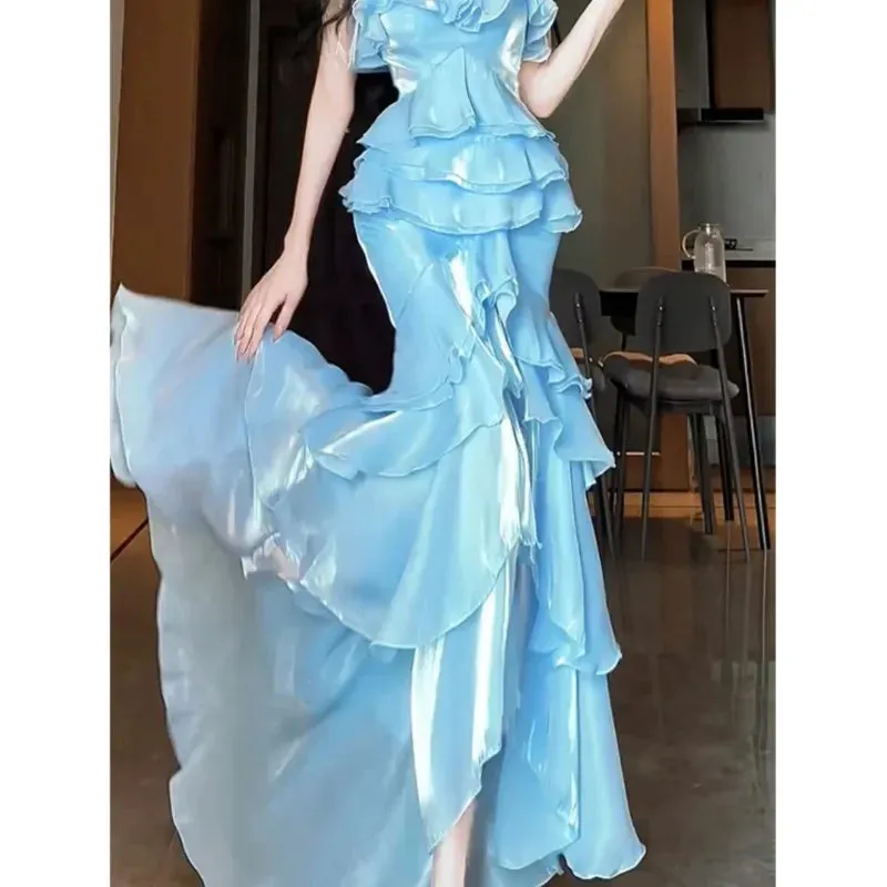 TAVIMART  -  Elegant blue strapless fishtail dress