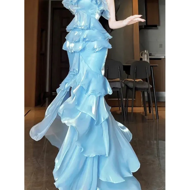 TAVIMART  -  Elegant blue strapless fishtail dress
