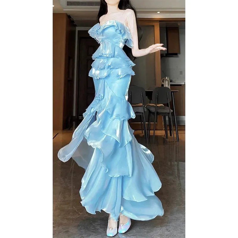 TAVIMART  -  Elegant blue strapless fishtail dress