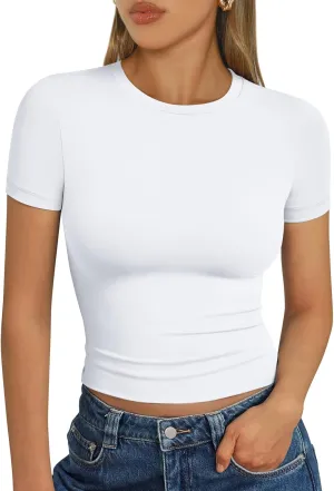 Trendy Queen Womens Basic T Shirts Summer Tops 2025 Short Sleeve Crop Tops Slim Fit Gym Workout Y2k Clothes