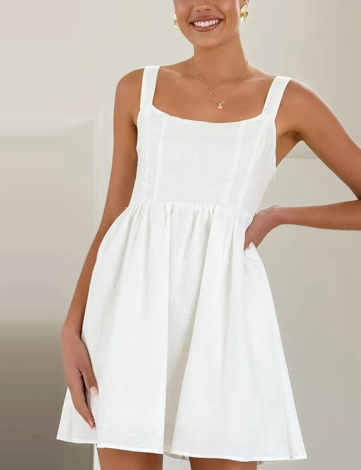 UANEO Womens Mini Dress Cotton Linen Summer Sleeveless Adjustable Shoulder Straps Dress with Pockets