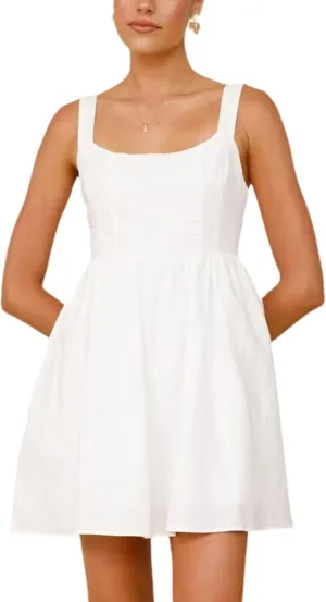 UANEO Womens Mini Dress Cotton Linen Summer Sleeveless Adjustable Shoulder Straps Dress with Pockets