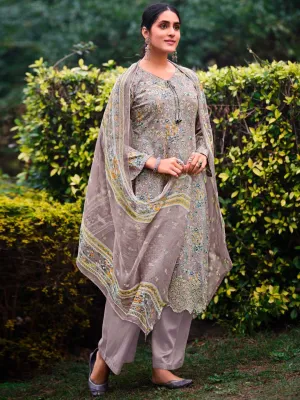 Unstitched Cotton Printed Suit Material with Embroidery Grey