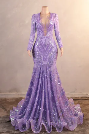 V-Neck Mermaid Sweep Train Sequins Zipper Long Sleeve Evening Dress