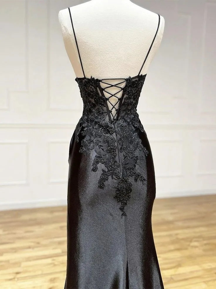 V Neck Satin Lace Long Prom Dress, Lace Long Evening Dress Birthday Outfits
