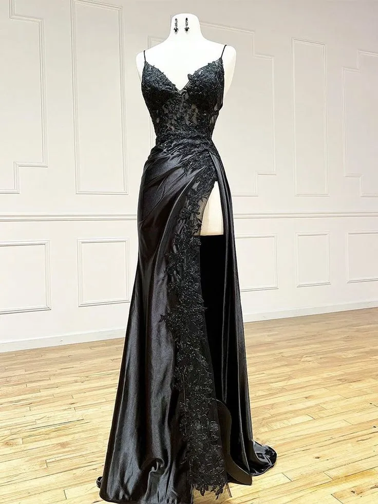V Neck Satin Lace Long Prom Dress, Lace Long Evening Dress Birthday Outfits
