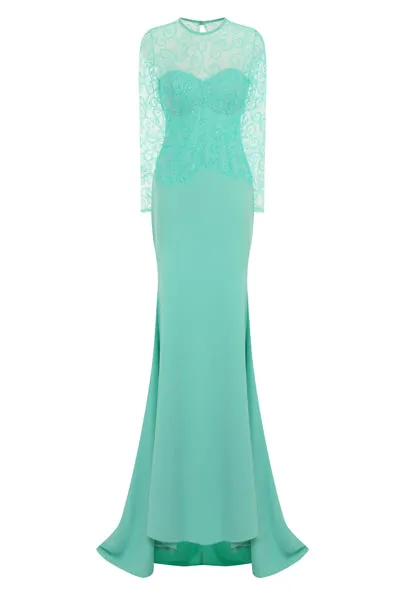 Vanity Sparkle Mint Slinky Fishtail Maxi Dress
