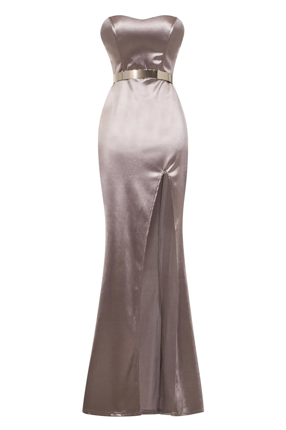 Versace Taupe Silver Belted Slinky Satin Thigh Slit Maxi Dress