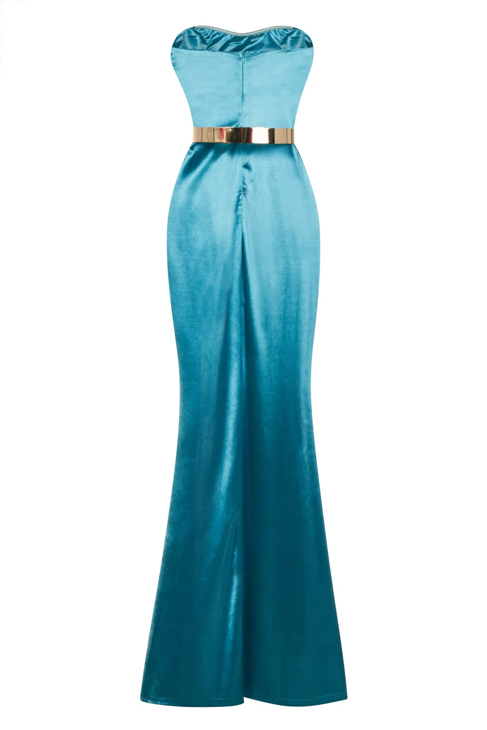 Versace Turquoise Gold Belted Slinky Satin Thigh Slit Maxi Dress