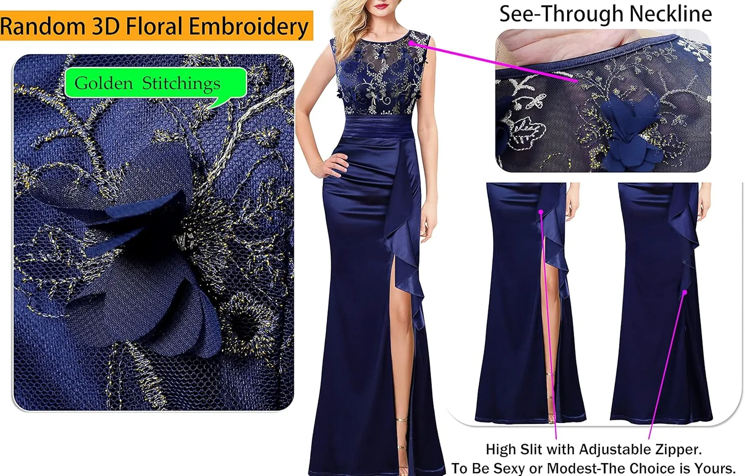 VFSHOW Womens Formal Ruched Ruffles Evening Prom Wedding Party Maxi Dress
