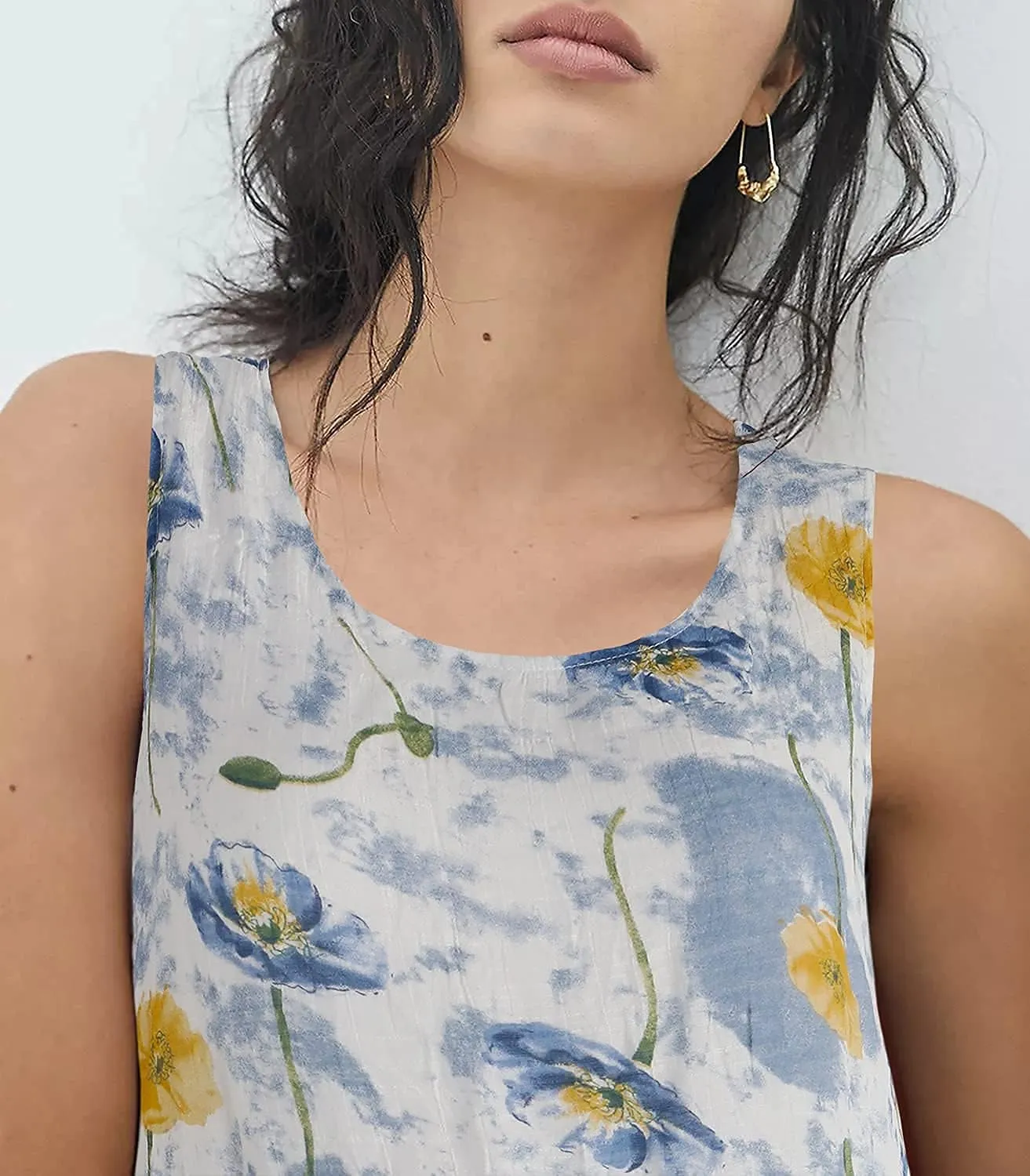 Women Casual Boho Floral Print Layers Cotton Linen Dress Irregular Bottom Loose Sundress