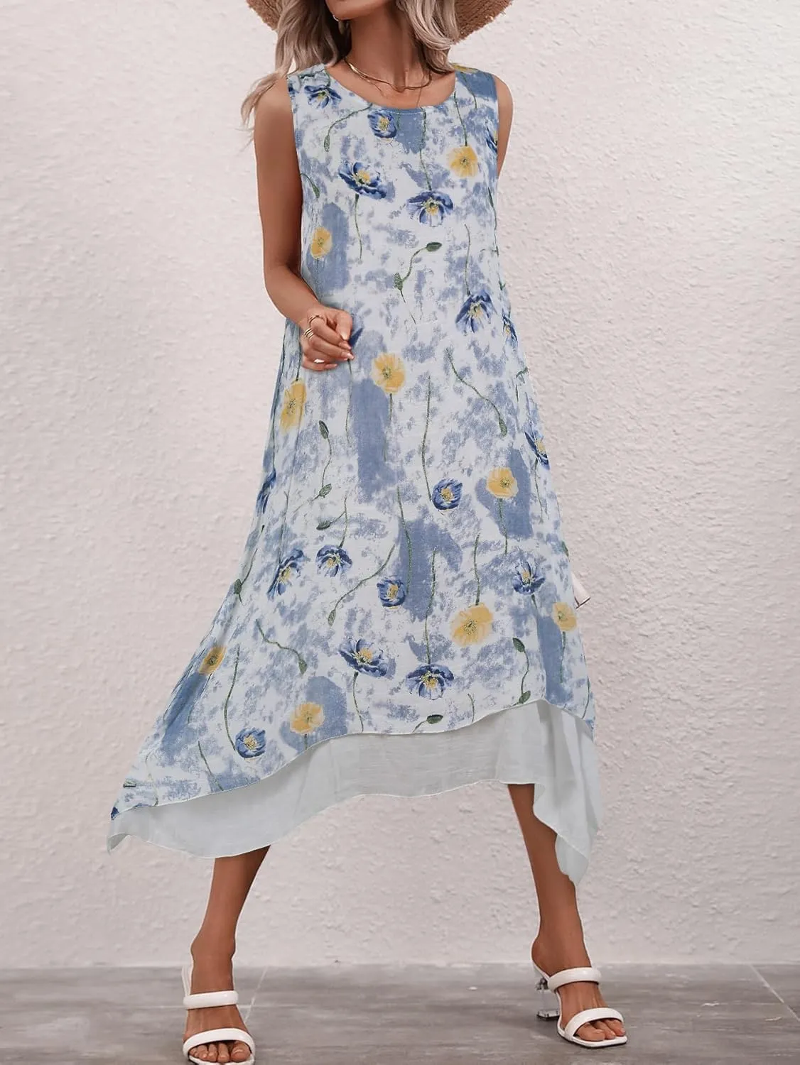 Women Casual Boho Floral Print Layers Cotton Linen Dress Irregular Bottom Loose Sundress