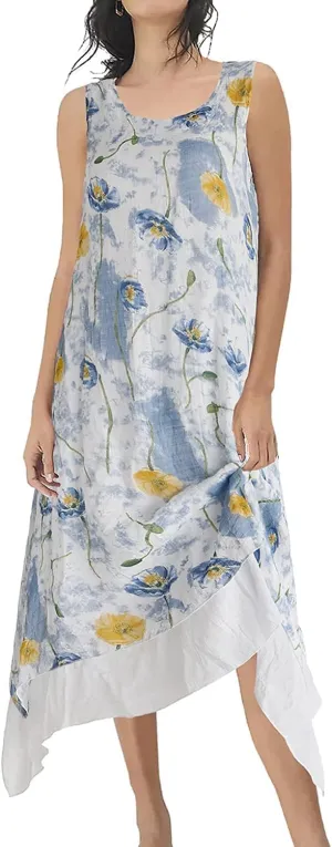 Women Casual Boho Floral Print Layers Cotton Linen Dress Irregular Bottom Loose Sundress