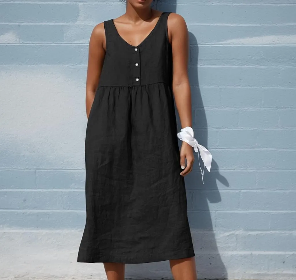 Women Summer Cotton Linen Midi Sun Dress Casual Sleeveless Button V Neck Pleated Loose Beach Tunic Dress