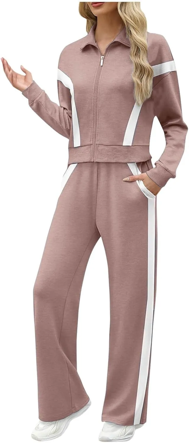 Womens Color Block Tracksuit 2 Pieces Outfits Long Sleeve Zipper Jacket and Pants Sportswear Sweatsuits with Pocket