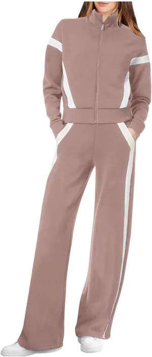 Womens Color Block Tracksuit 2 Pieces Outfits Long Sleeve Zipper Jacket and Pants Sportswear Sweatsuits with Pocket