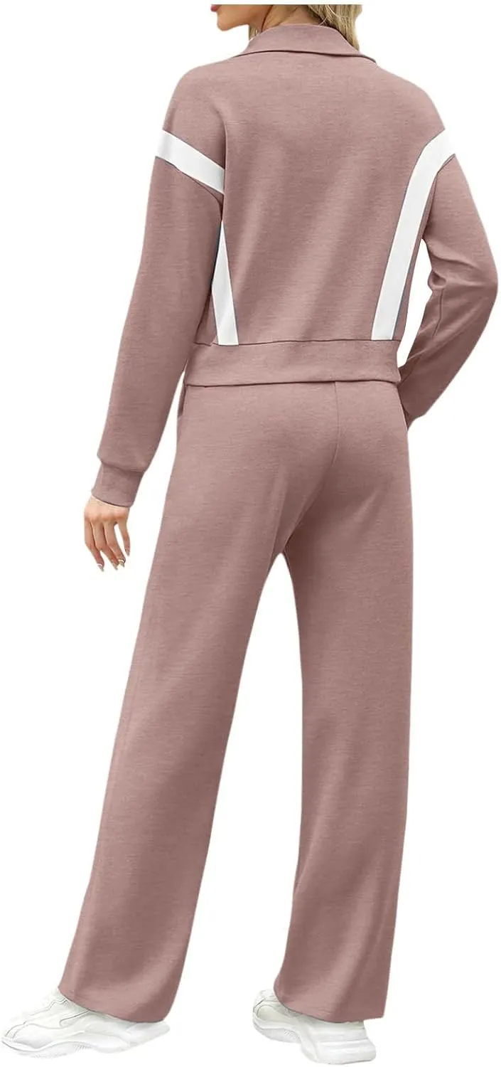Womens Color Block Tracksuit 2 Pieces Outfits Long Sleeve Zipper Jacket and Pants Sportswear Sweatsuits with Pocket