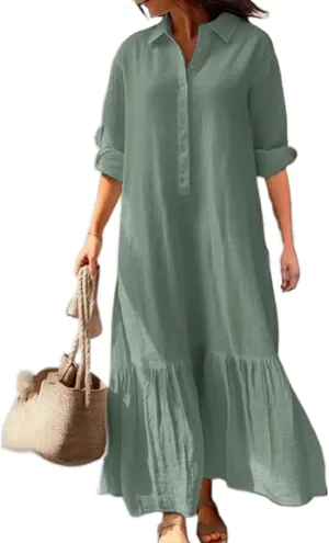 Women's Cotton Linen Maxi Dress Casual Button Down Shirt Dress Loose Tiered Ruffle Hem Dresses