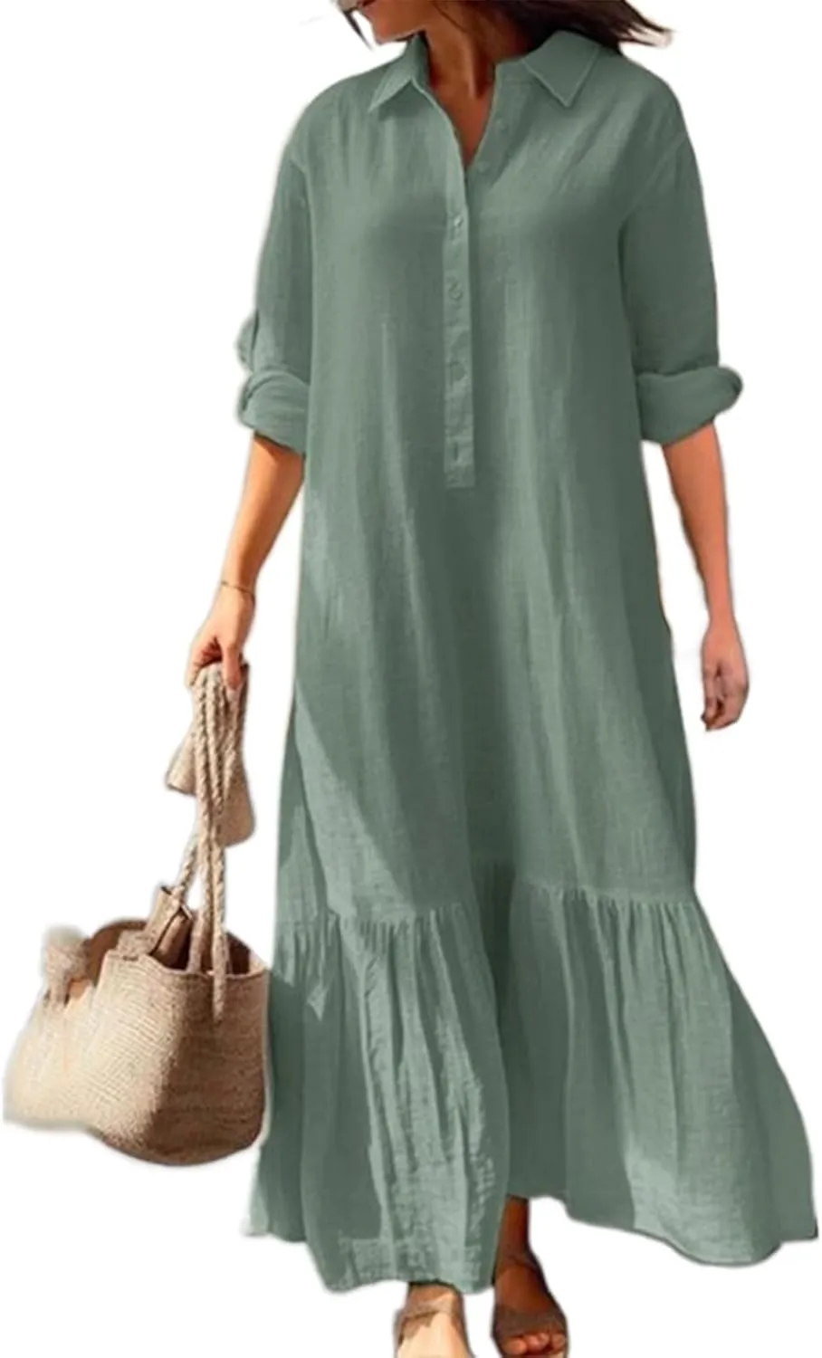 Women's Cotton Linen Maxi Dress Casual Button Down Shirt Dress Loose Tiered Ruffle Hem Dresses