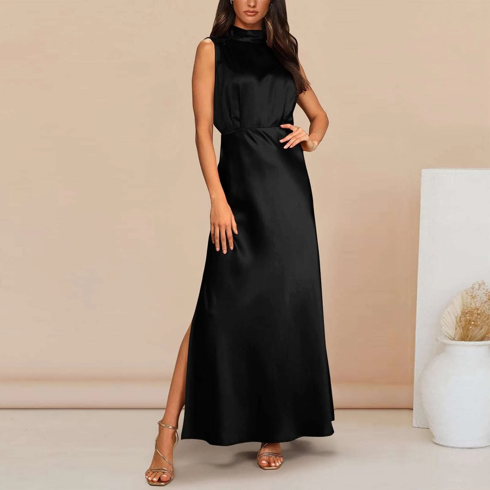 Women's Elegant Satin Stand Collar Long Dress
