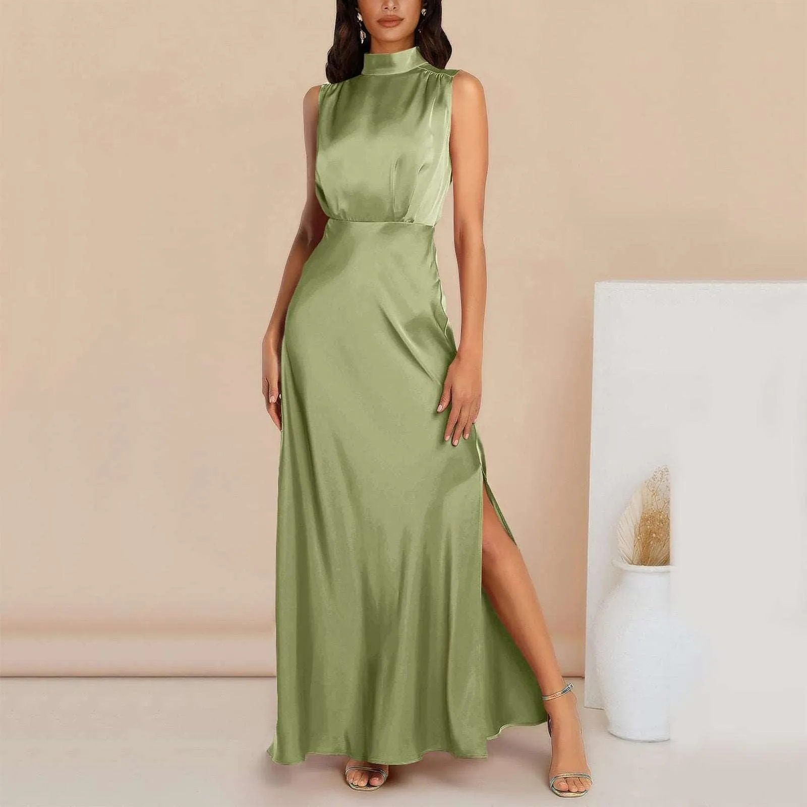 Women's Elegant Satin Stand Collar Long Dress