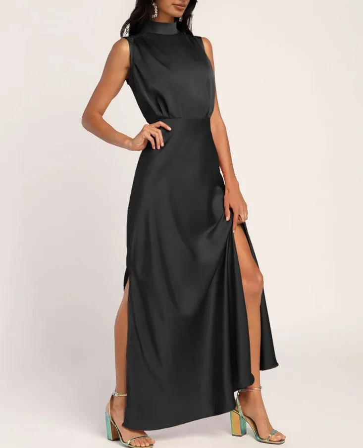 Women's Elegant Satin Stand Collar Long Dress