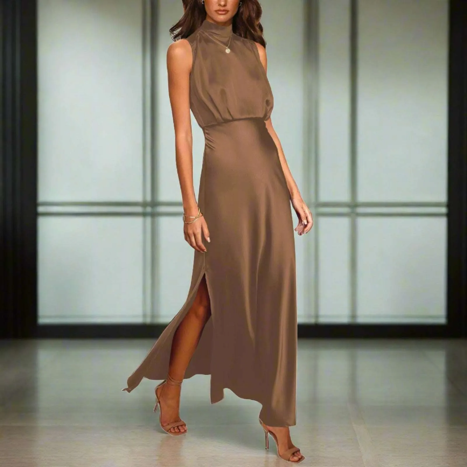 Women's Elegant Satin Stand Collar Long Dress