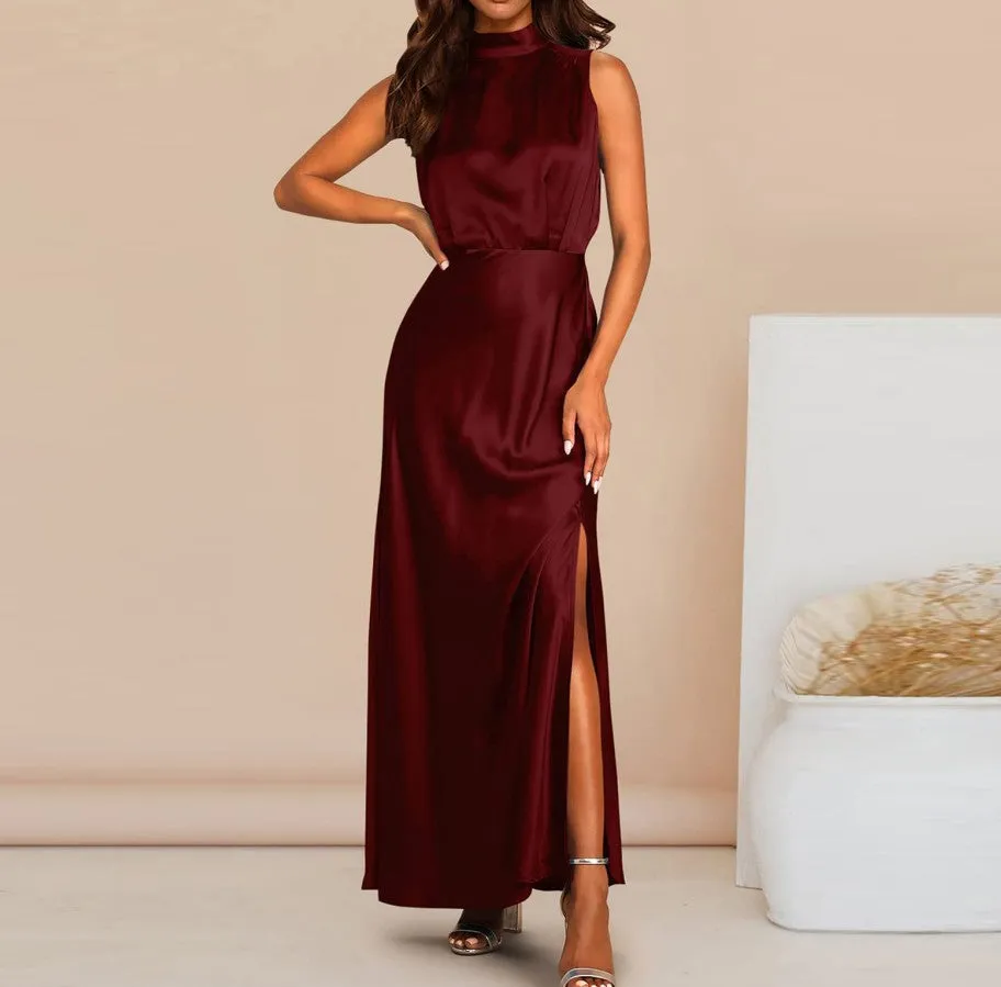 Women's Elegant Satin Stand Collar Long Dress