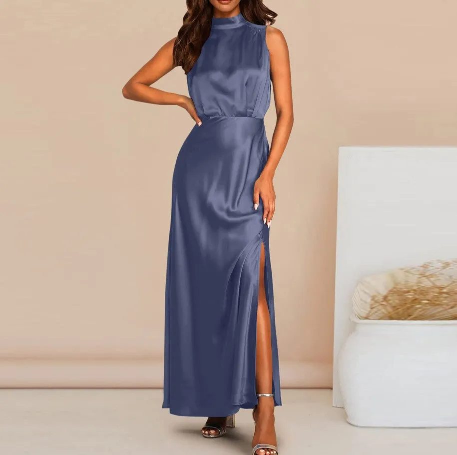 Women's Elegant Satin Stand Collar Long Dress