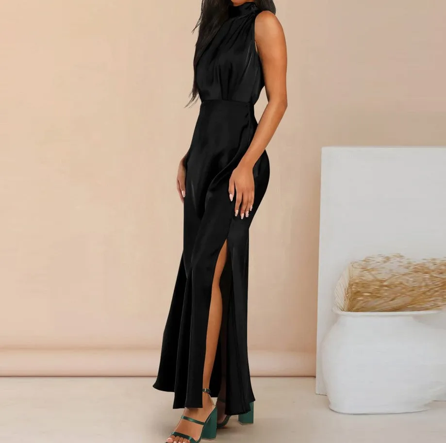 Women's Elegant Satin Stand Collar Long Dress