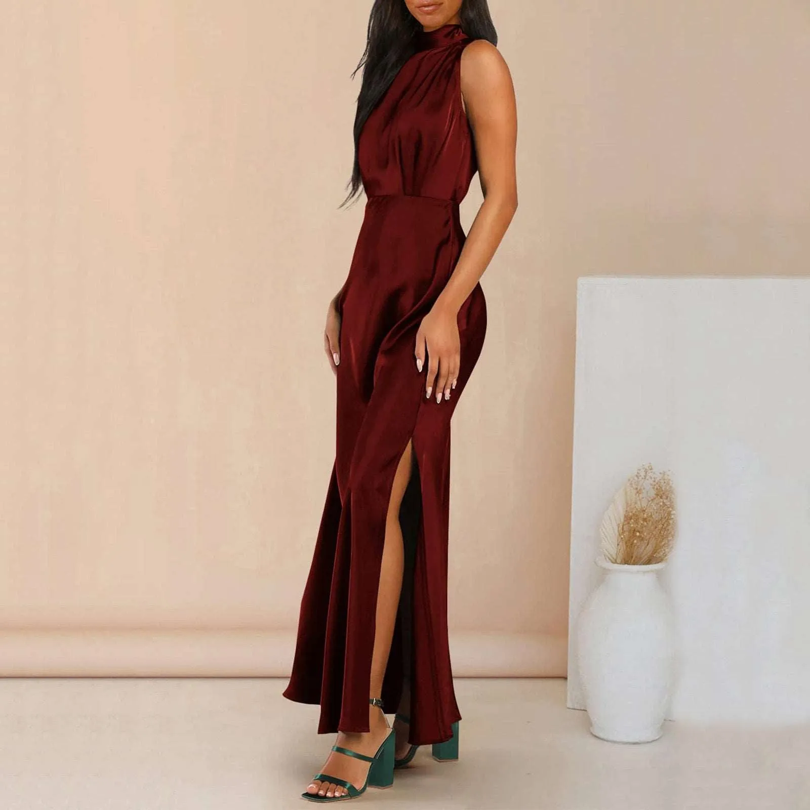 Women's Elegant Satin Stand Collar Long Dress