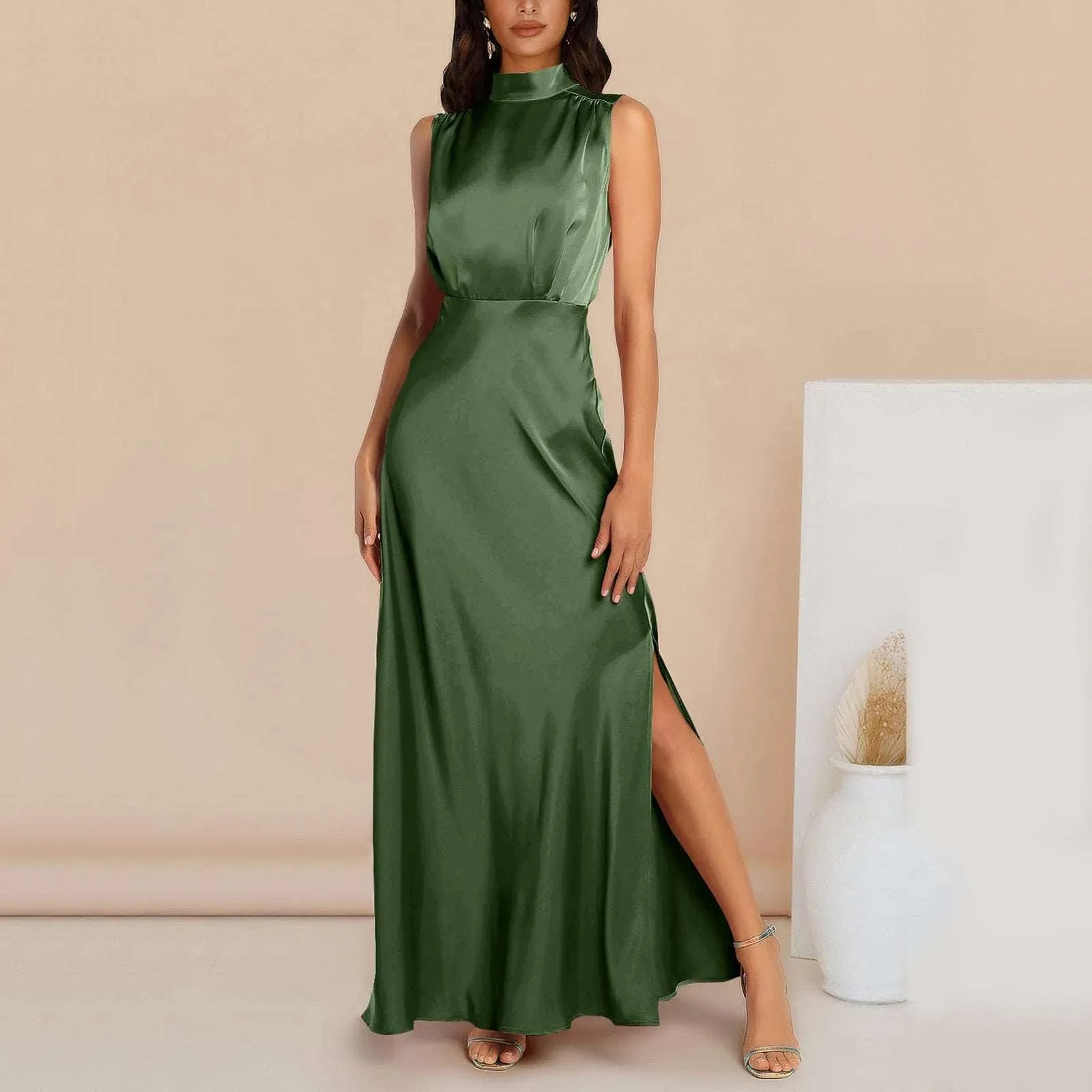 Women's Elegant Satin Stand Collar Long Dress