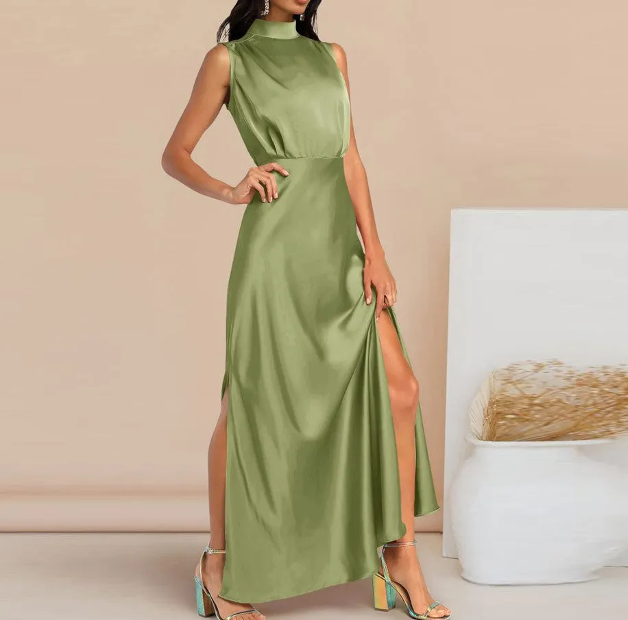 Women's Elegant Satin Stand Collar Long Dress