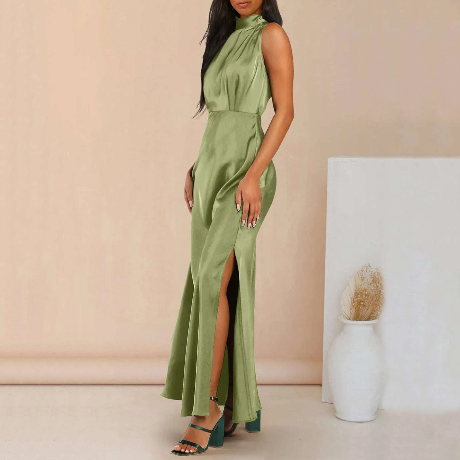 Women's Elegant Satin Stand Collar Long Dress