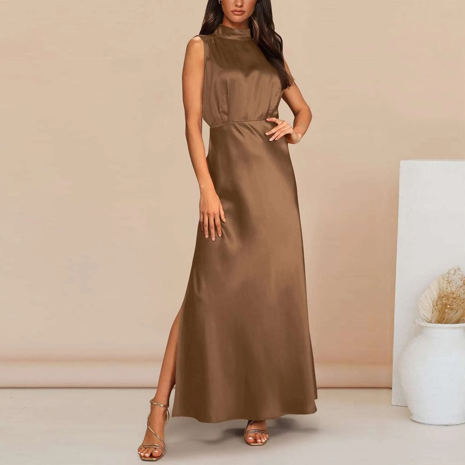 Women's Elegant Satin Stand Collar Long Dress
