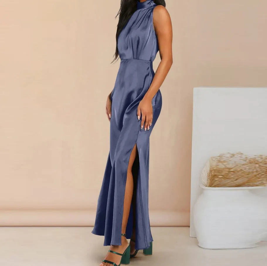 Women's Elegant Satin Stand Collar Long Dress
