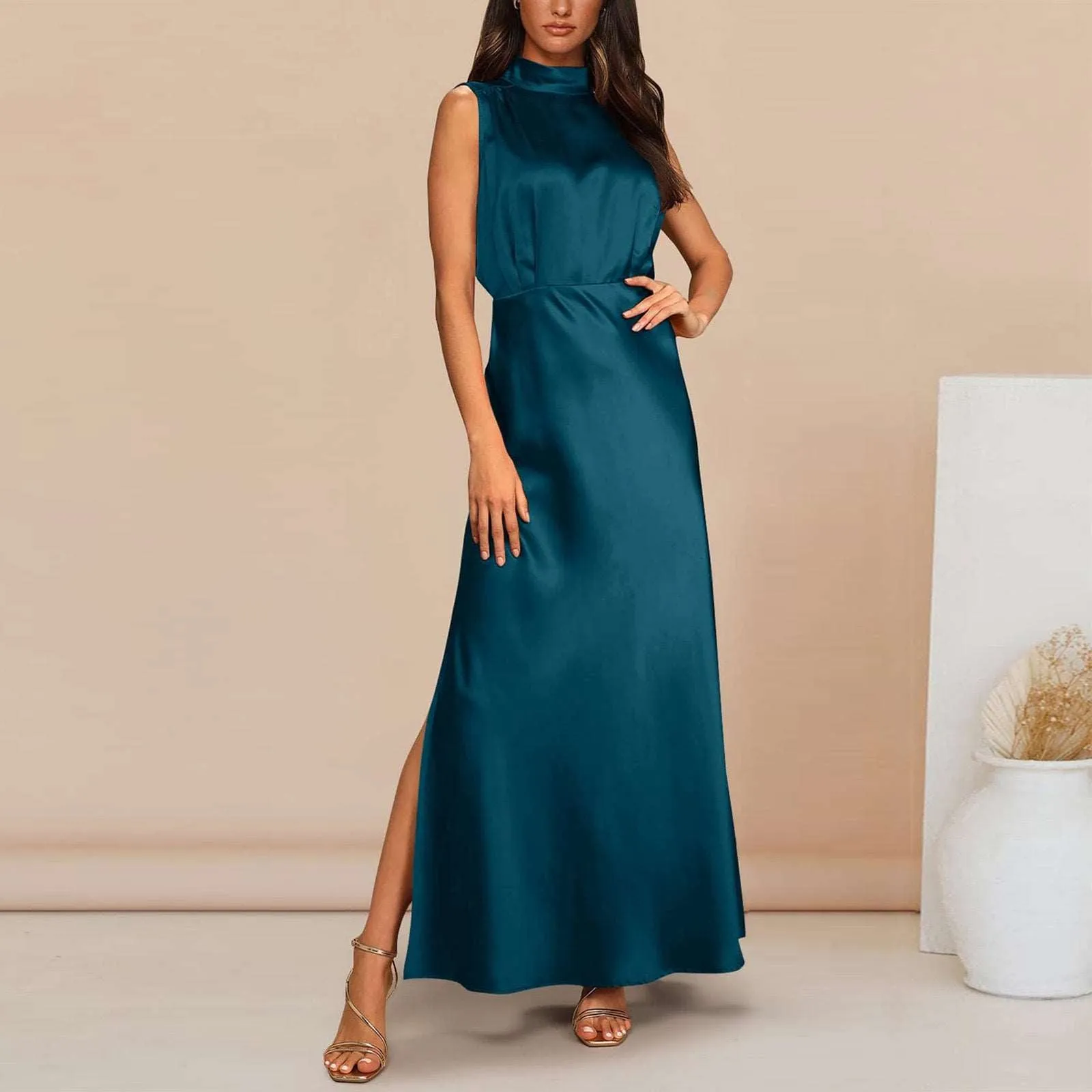 Women's Elegant Satin Stand Collar Long Dress