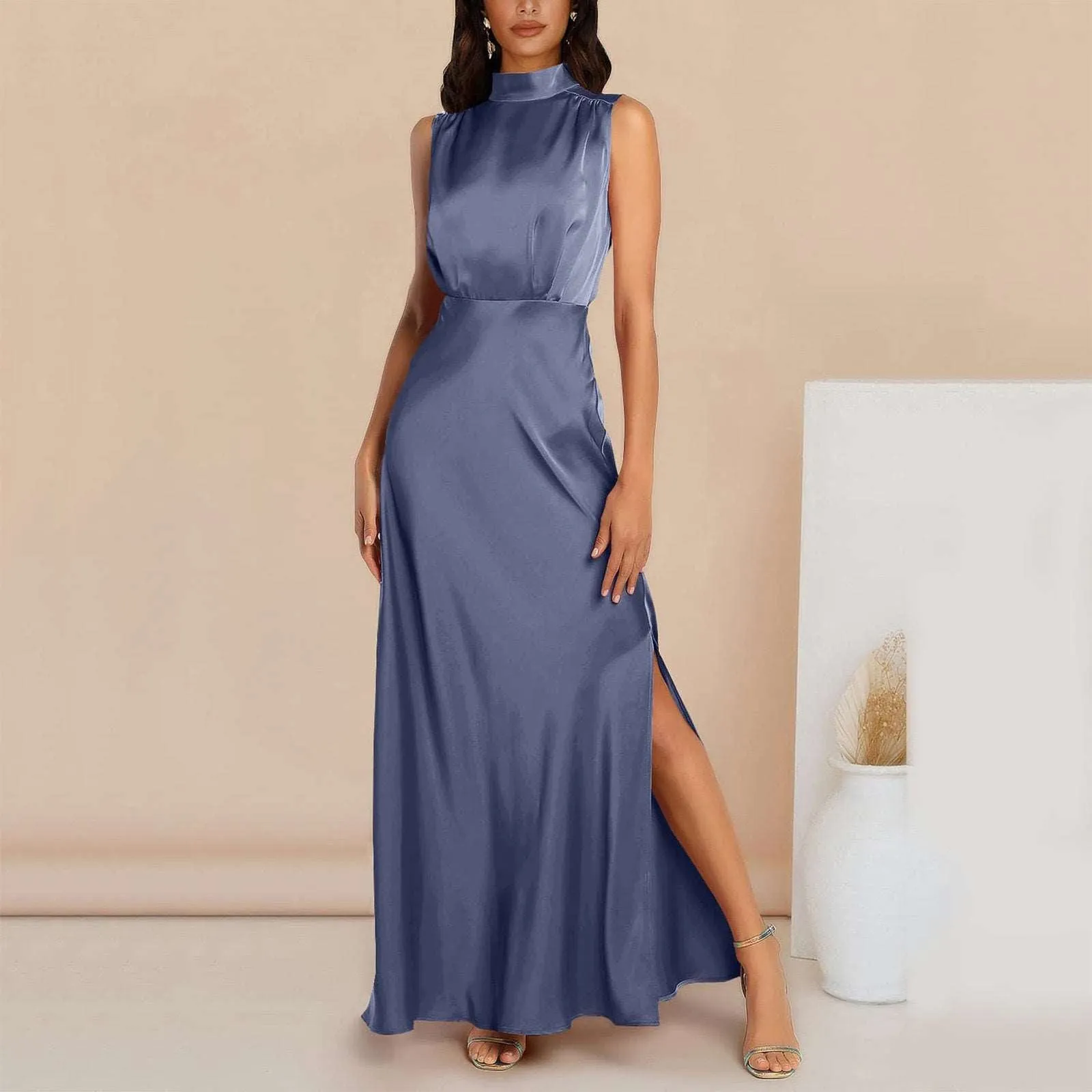 Women's Elegant Satin Stand Collar Long Dress
