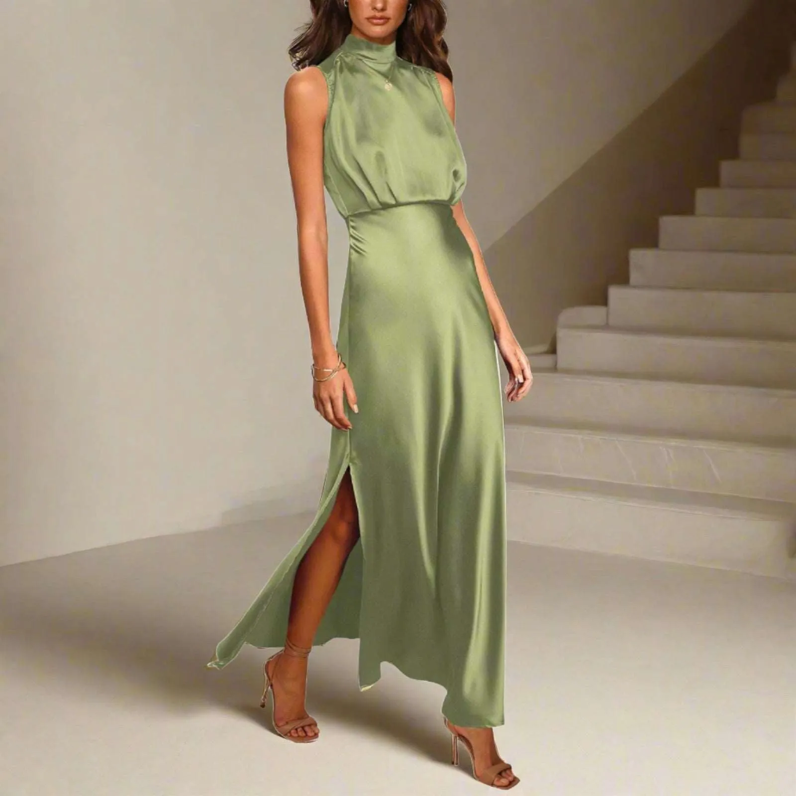 Women's Elegant Satin Stand Collar Long Dress