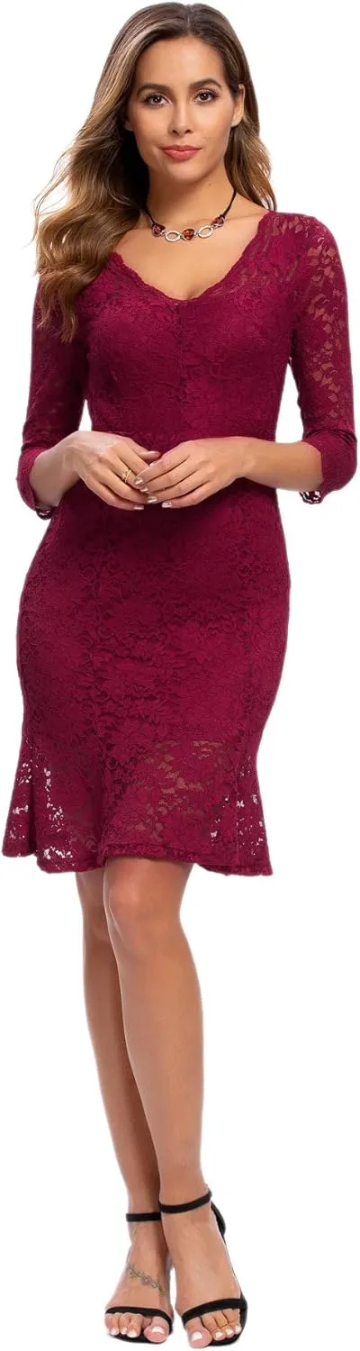 Womens Lace Floral Overlay Sexy V Neck Evening Cocktail Party Mermaid Bodycon Dresses